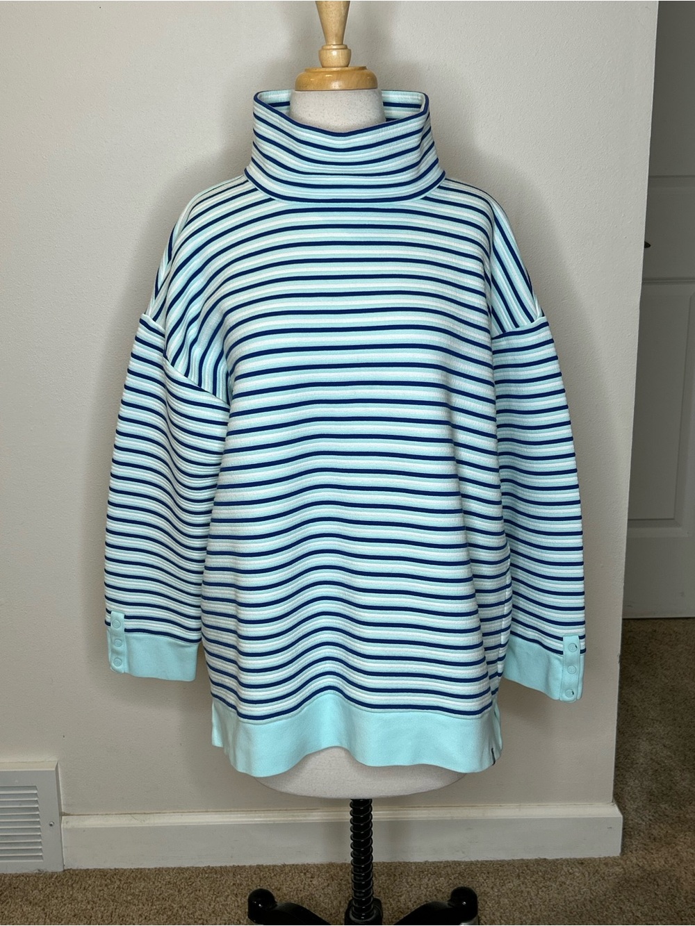 T by Talbots Light Blue and Navy Striped Funnel Neck Sweater Size L